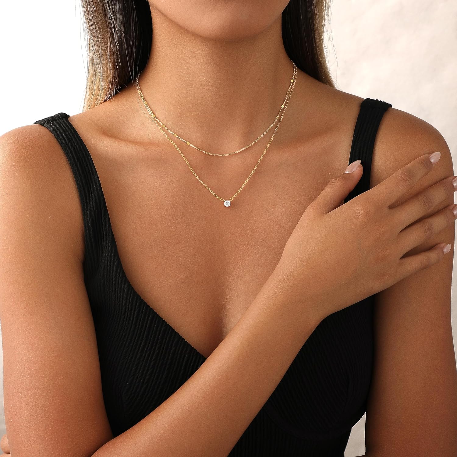 Layered Gold Necklace for Women Trendy 14K Gold Plated Heart CZ Pendant Layered Gold Necklaces Set Coin Choker Necklaces Simple Circle Cubic Zirconia Pearl Necklace Stack Herringbone Paperclip Chain Jewelry Set - Image 4