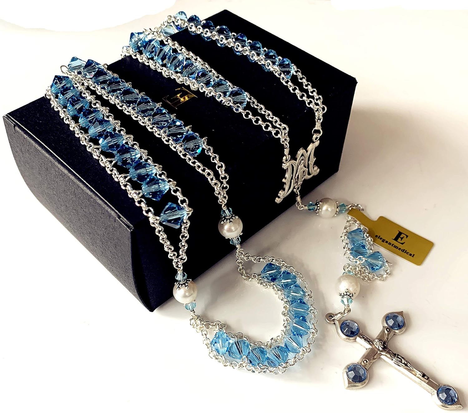 elegantmedical Ladder to Heaven Blue Crystal & AAA10MM Pearl Beads Catholic Rosary Cross crucifix Necklace gift - Image 3