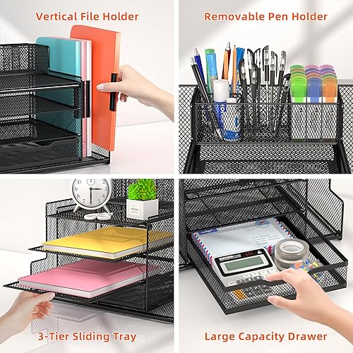Miniatura 4 de Egepon Organizador de escritorio de oficina con soportes verticales para carpetas de archivos, bandeja de papel de 4 niveles con cajón y soporte