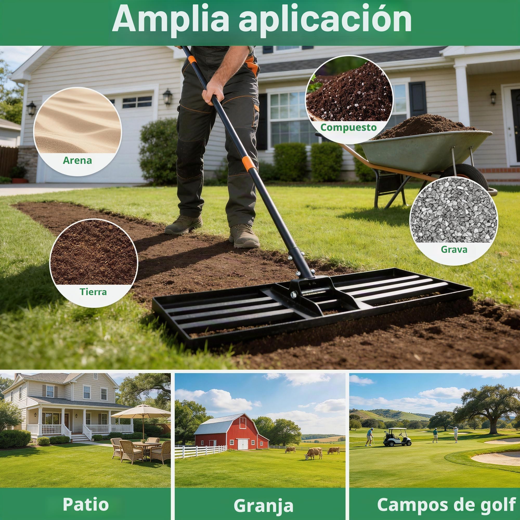 ORIENTOOLS Rastrillo nivelador de césped, 44 cm de ancho x 206 cm de alto, negro, 4,9 kg