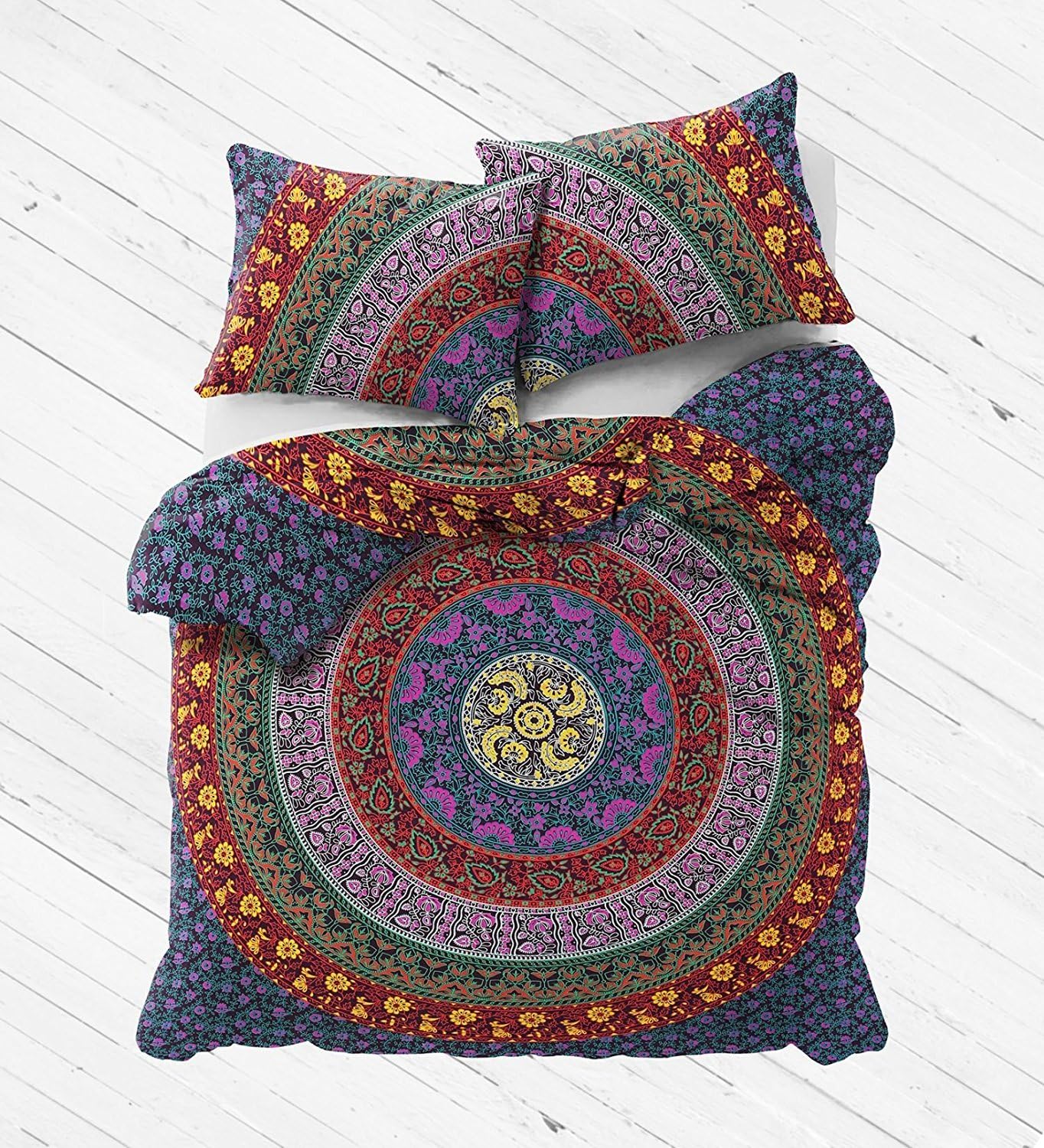 Gorgeous Multi Color Mandala Duvet Cover Queen Size, Indian Mandala Cotton Throw, Bohemian Doona Cover, Boho Quilt Cover with Two pillowcovers