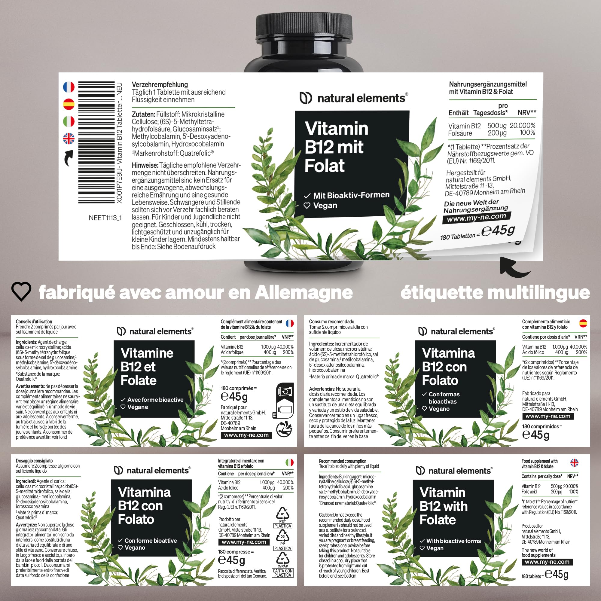 Vitamine B12-180 comprimés végétaliens pour 6 mois - 500µg de vitamine B12 et 200µg d'acide folique - hautement dosé, sans additifs inutiles - produit en Allemagne & testé en laboratoire