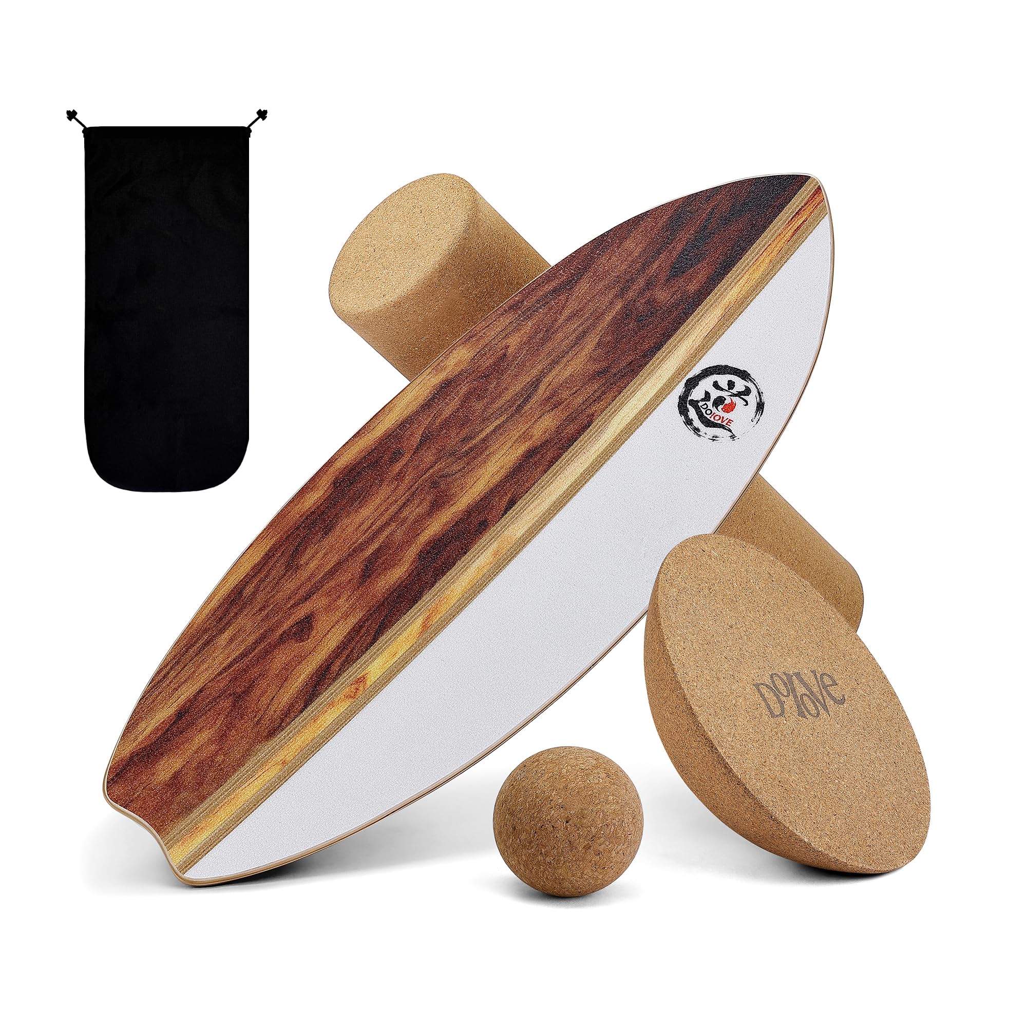 Kit d'entraînement d'équilibre - Planche de surf en bois, demi-sphère en liège, rouleau de massage et balle - Fitness tous niveaux, renforcement musculaire et récupération, surf et skate en intérieur