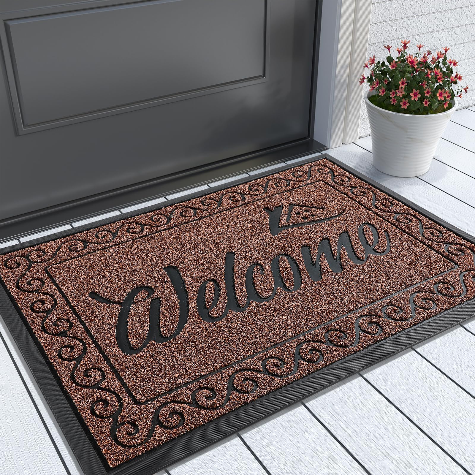 Welcome Front Door Mat, Heavy Duty Easy Clean Doormat Indoor Outdoor, Waterproof Quick Dry Floor Mat for Home, Garage, Hign Traffic Areas, Non Slip, Low Profile, 29.5X17 Inches, Maroon