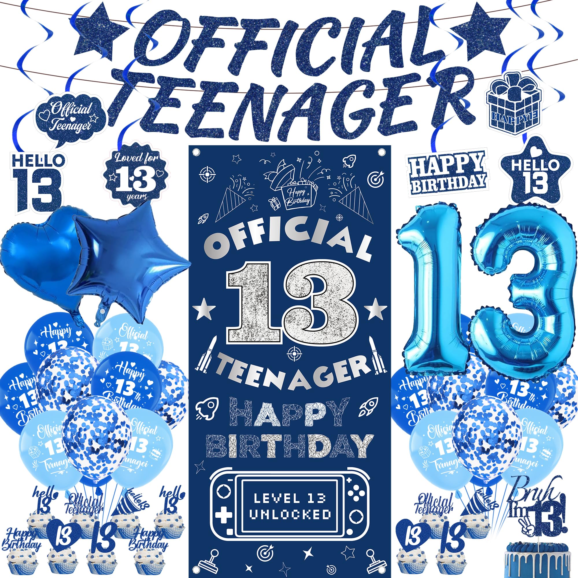 13th Birthday Decorations Boy Set - 44 Pcs Blue Official Teenager Decorations Including Banner, Backdrop, Number 13 Balloon, Hanging Swirls and Latex Balloons for 13 Years Old Party Supplies