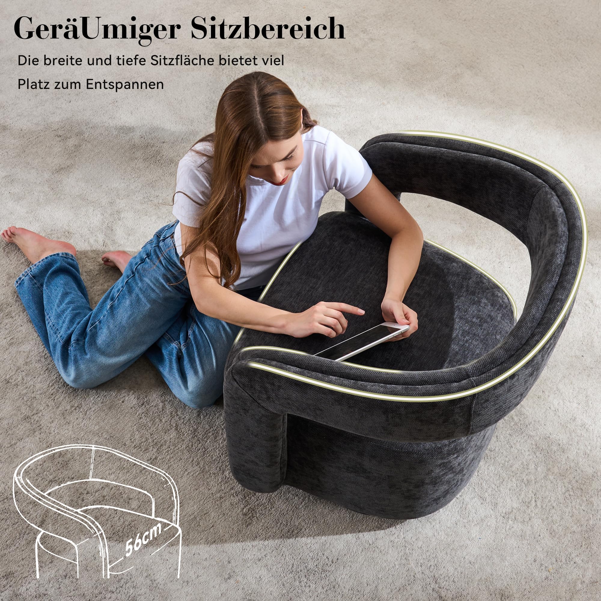 DEKKETO Chenille Oversize Drehsessel mit geschwungener Rückenlehne, Grau