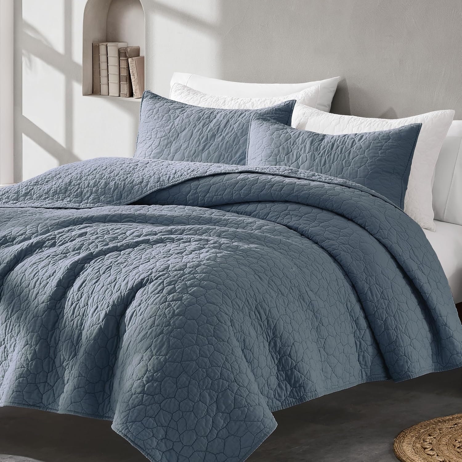 R.SHARE 100% Cotton Bedding Quilt Set Cal King Size Blue Grey, Farmhouse Country California King Size Quilt, Shabby Chic Bedspread, Rustic Textured Gauze, Oversized Cozy Coverlet Set with 2 Shams