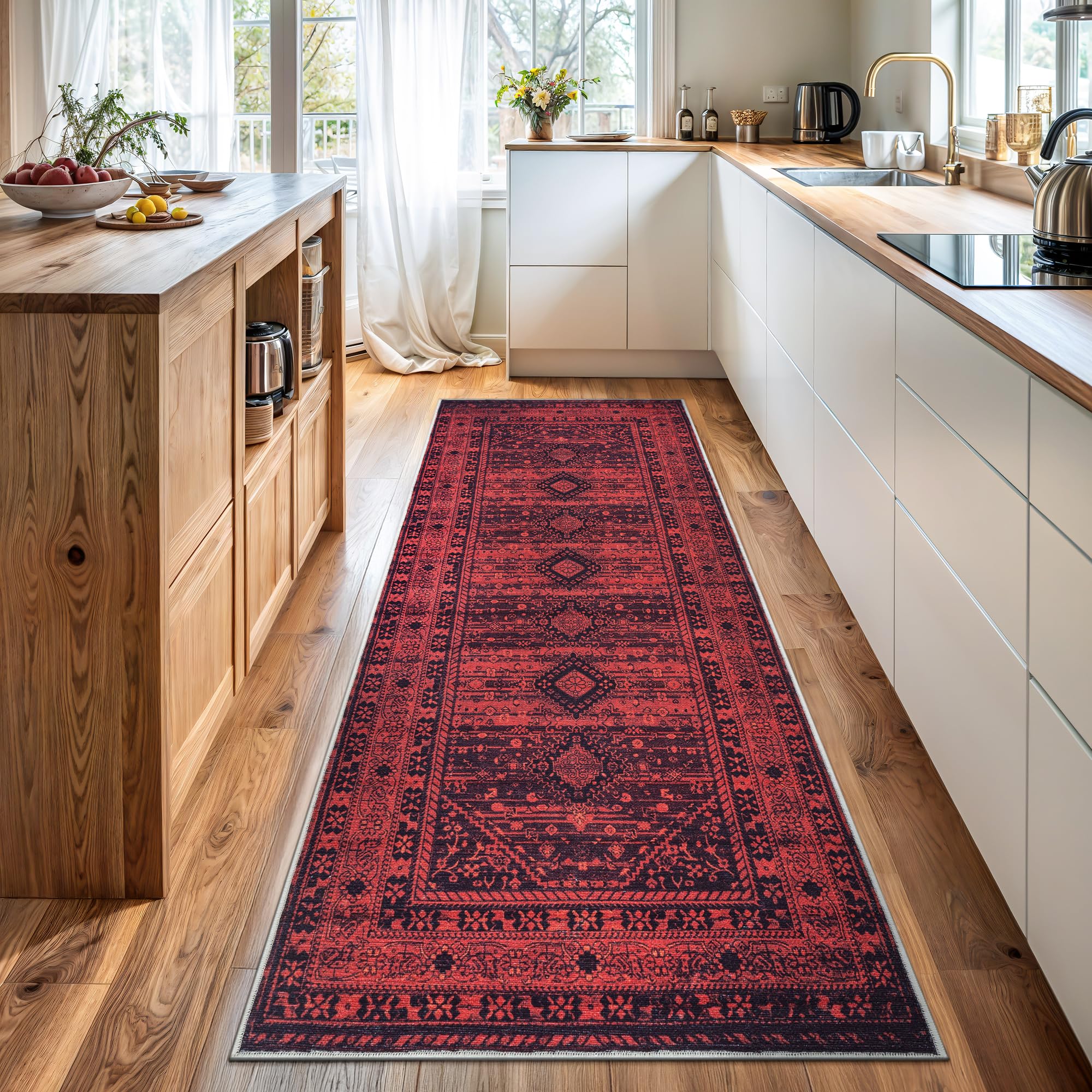 Bloom Rugs Washable Non-Slip 12 ft Runner - Red Traditional Bordered Runner for Entryway, Hallway, Bathroom, and Kitchen - Exact Size: 2.5' x 12'