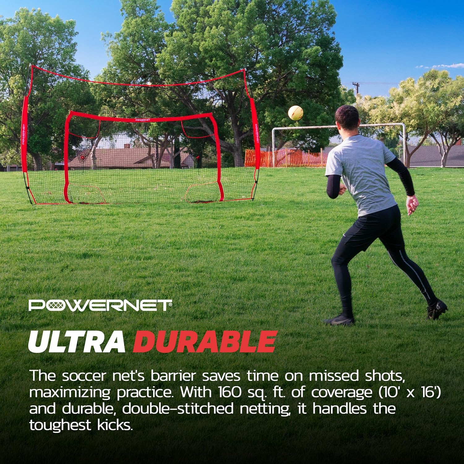 PowerNet Soccer Goal, 16x10 FT Soccer Training Equipment Combo Barrier Net, Pop Up Goal with Four Pocket Targets, Improve Accuracy, Stops Most Missed Shots