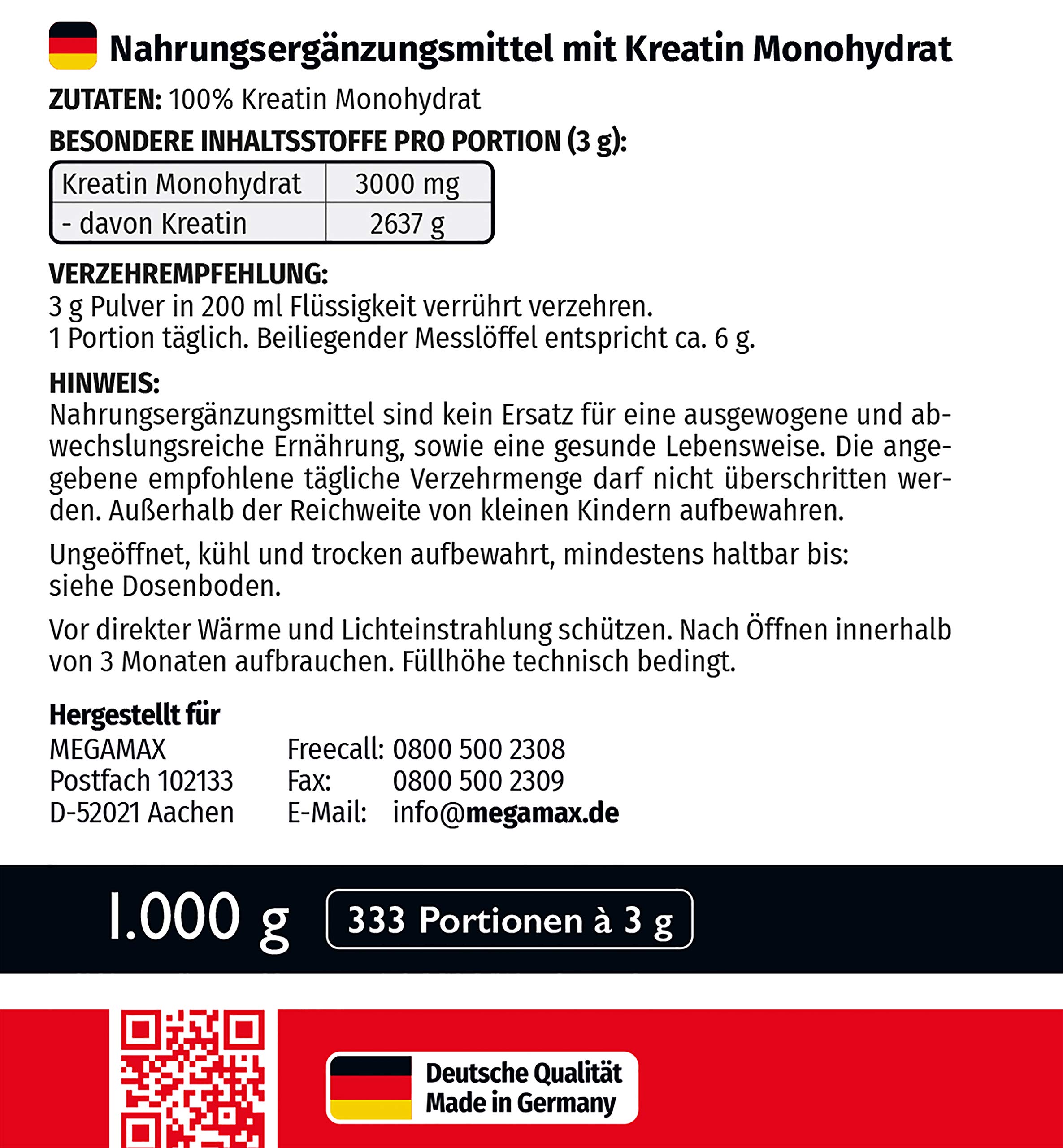 MEGAMAX Kreatin Pulver 1000 g -hochdosiert reines Creatin Monohydrat Creapure (Creapure, 1000 g)
