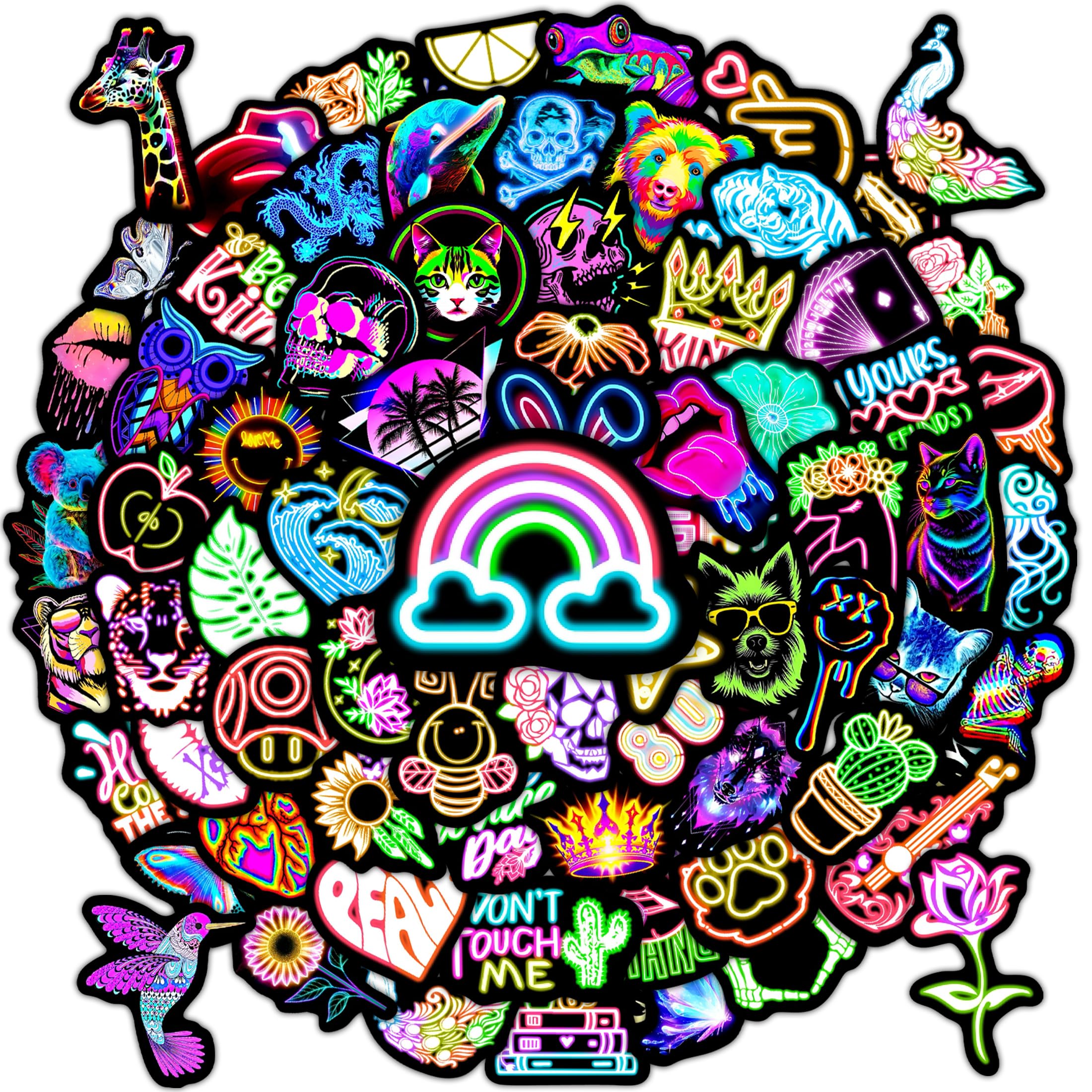 70 Pcs Neon Water Bottle Stickers for Kids, Adults Cool Colorful Laptop Decals, Waterproof Vinyl Decorative Stickers, Skateboard Journal Phone Case