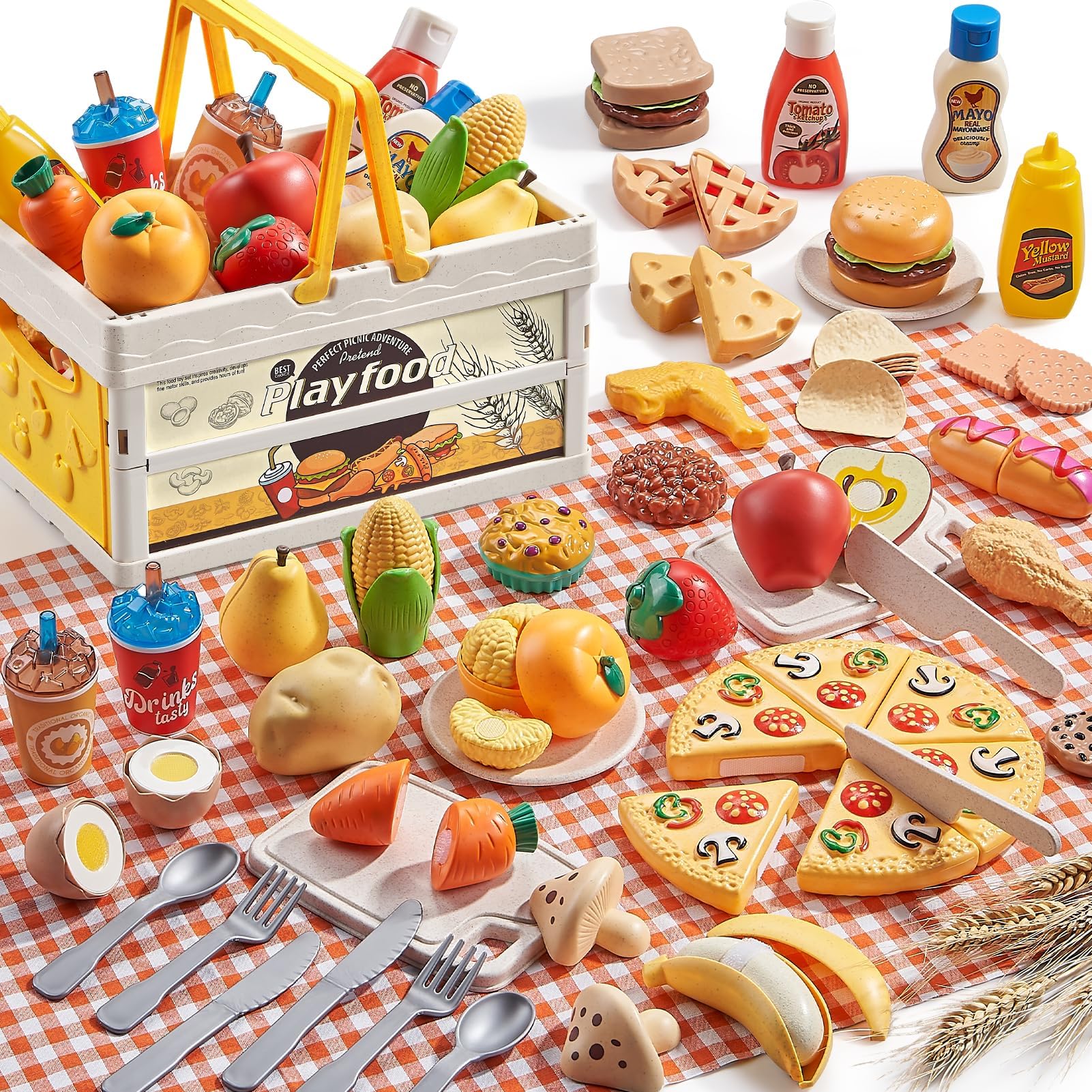 83tlg Spiellebensmittel Set Weizenstroh – Kinderküche Zubehör mit Picknickkorb & Decke – Nachhaltiges Spielzeug Essen zum Schneiden mit Klett, Pizza & Obst – Geschenk für Kinder & Kleinkinder