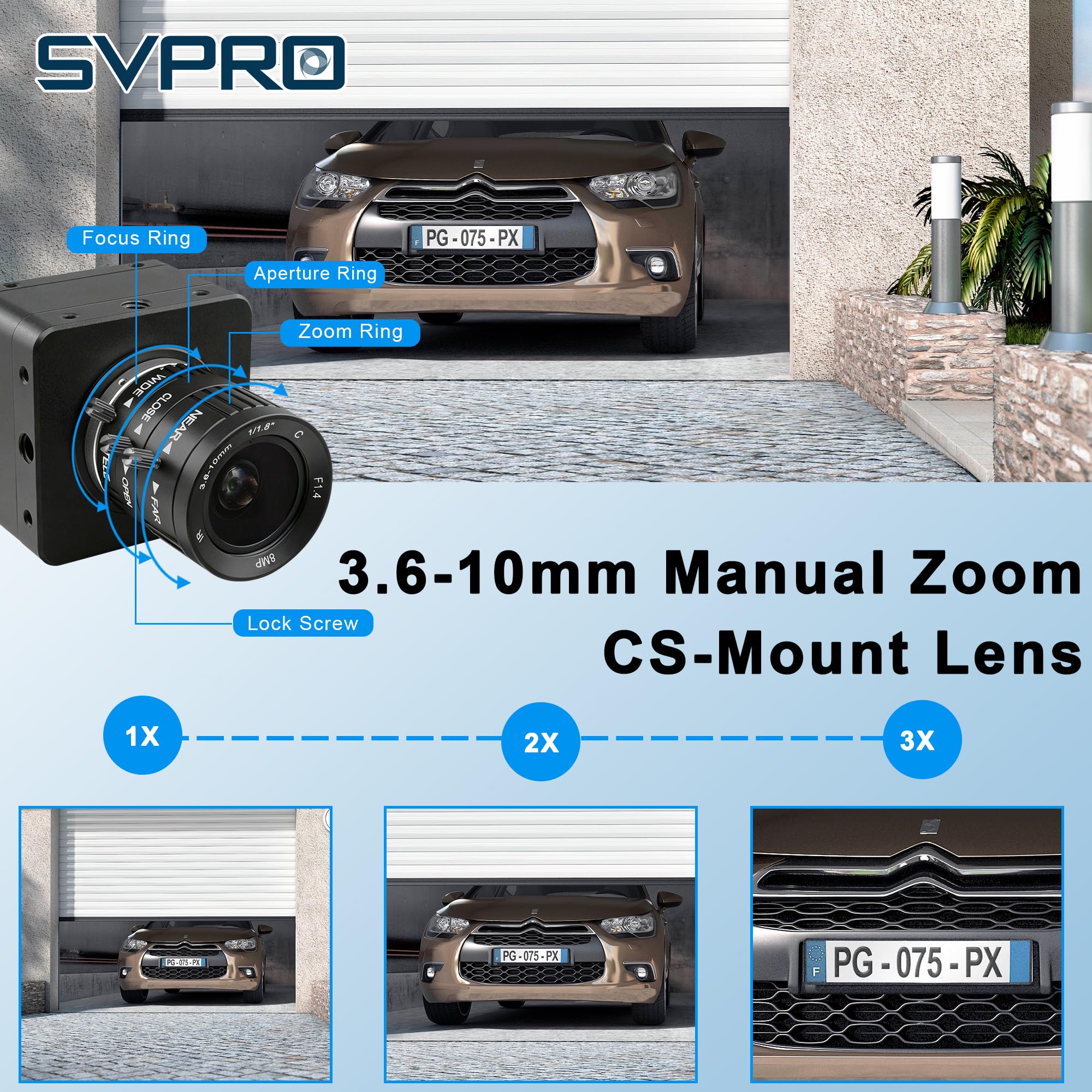 Svpro Cámara de zoom 4K 60fps USB 3.0 con lente verifocal de 3,6 a 10 mm, webcam de enfoque manual, USB-C UVC Plug & Play para Windows, Linux, MacOS, Android