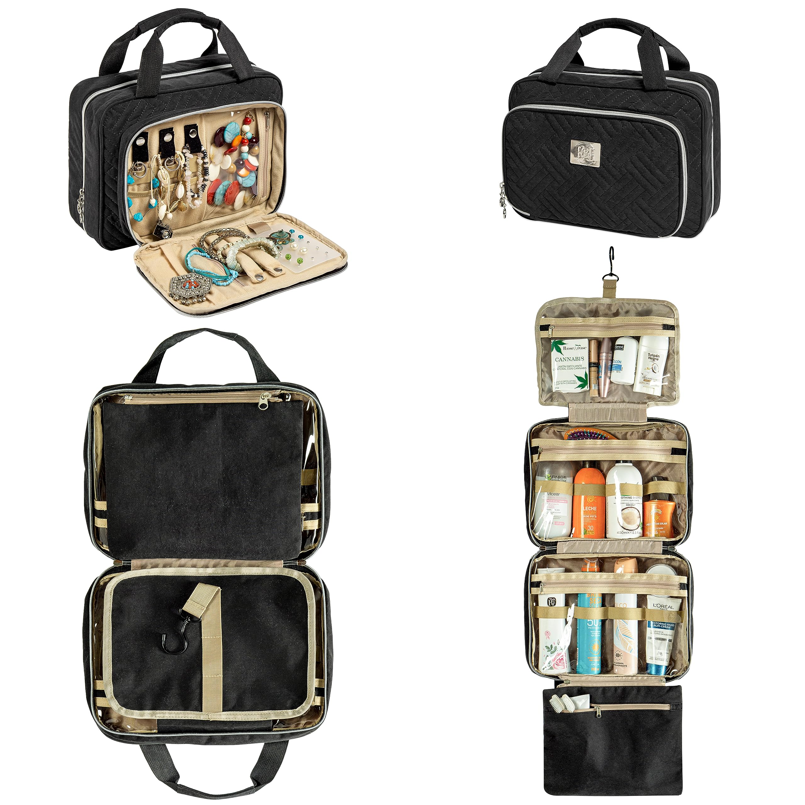 Große Reise-Kosmetiktasche zum Aufhängen für Frauen mit Schmuckfach – vielseitiger Kultur- und Kosmetik-Make-up-Organizer mit vielen Taschen, Schwarz Q, Kulturbeutel zum Aufhängen für Damen