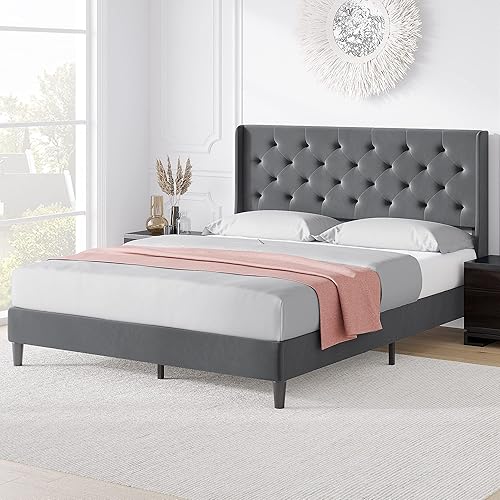 IDEALHOUSE Base de cama de tamaño matrimonial con respaldo alado plataforma tapizada con cabecera capitonada de diamante soporte de listones de