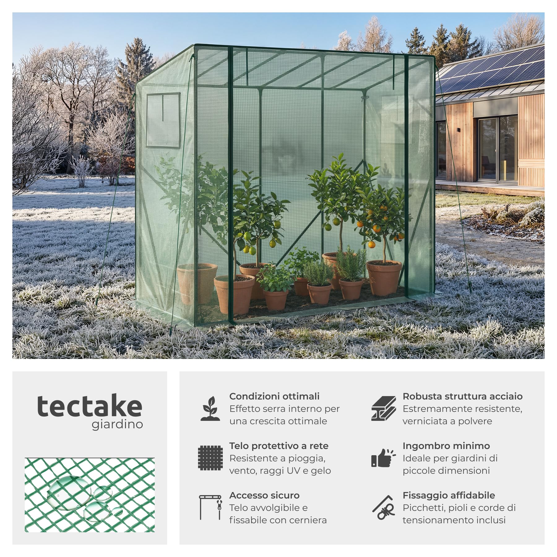 tectake® Serra da Giardino 200x77x170 cm, Copertura Retinata, Telaio in Acciaio, Resistente Intemperie e UV, 2 Finestre Laterali, Porta Avvolgibile, Serra per Orto, Giardinaggio, Piante - Verde