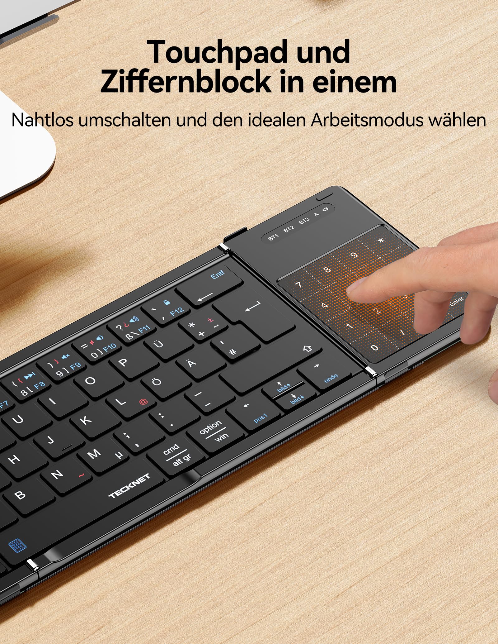 TECKNET Bluetooth Tastatur Faltbare mit Touchpad, QWERTZ Deutsch, Schwarz