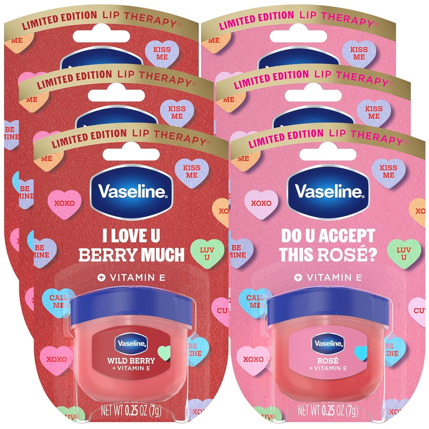 Vaseline Lip Therapy Mini Tinted Lip Balm Set, Valentine’s Day Limited Edition Rosé 6-Pack + Wild Berry 6-Pack with Vitamin E for Soft, Kissable Lips, 0.25 Oz Ea
