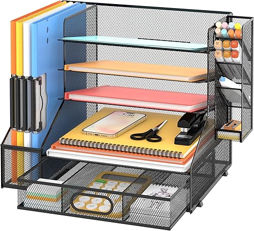 DALTACK Organizador de escritorio de malla, bandeja de papel de 5 niveles con soporte para archivos, soporte para bolígrafos y cajón deslizante,