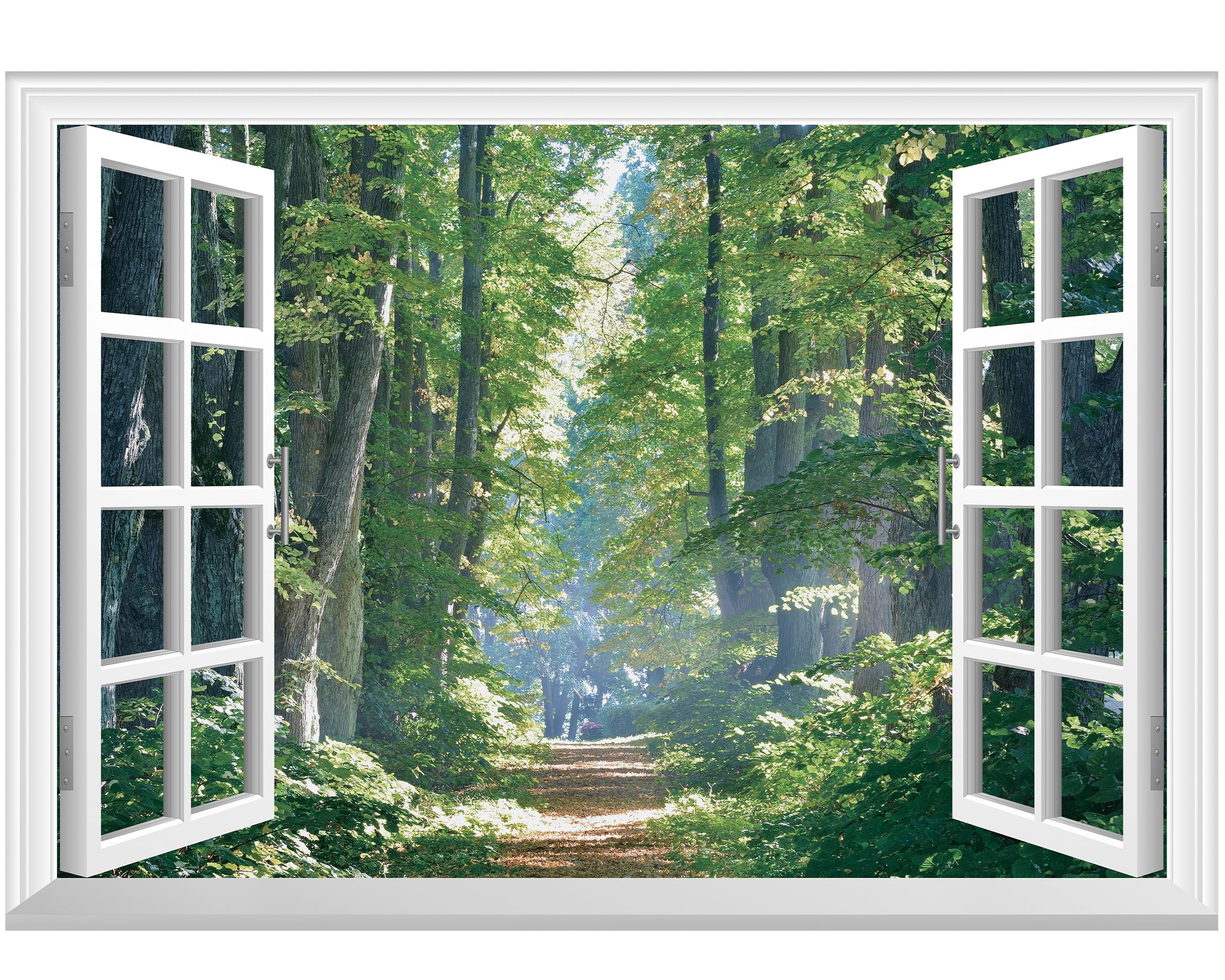 FLFK Fake Window Wall Mural - Road in The Forest Faux Window Wall Decal for Wall Decor, Peel and Stick Wall Sticker,80"x60",Split into 5 Pieces โ image 1