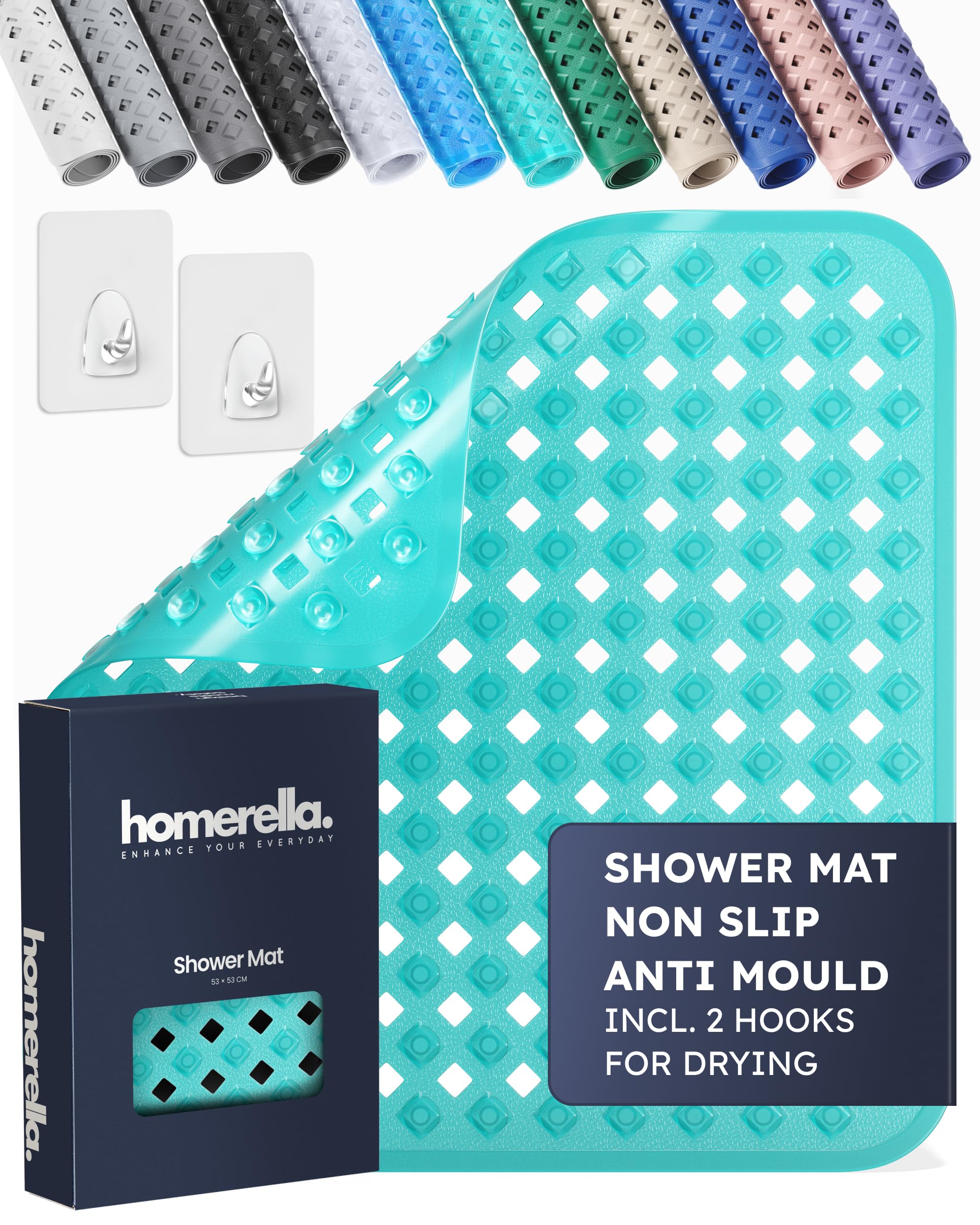 homerella® Shower Mat Non Slip Anti Mould 53 x 53 cm, INCL. Hooks for Drying Bath Mat Non Slip Anti Mould