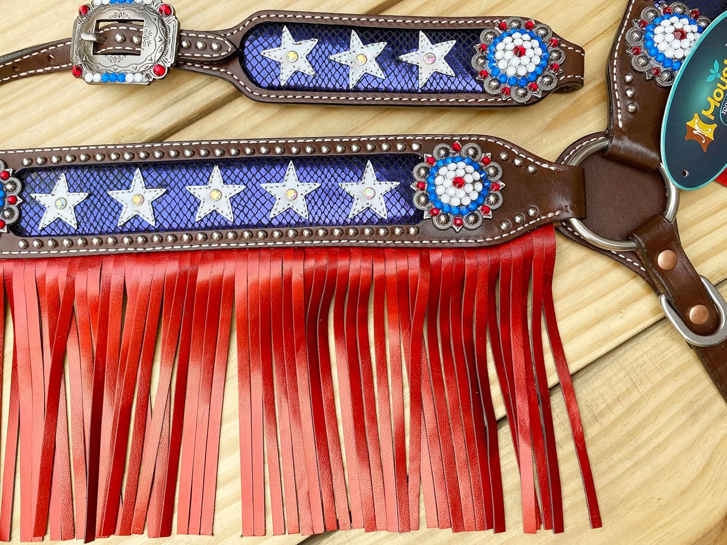 American Flag Fringe Headstall and Breast Collar- Argentina Cow Leather Tack Set Decorated with Red, White, and Blue Color Design, Embellished with Stars and Pearl Beads