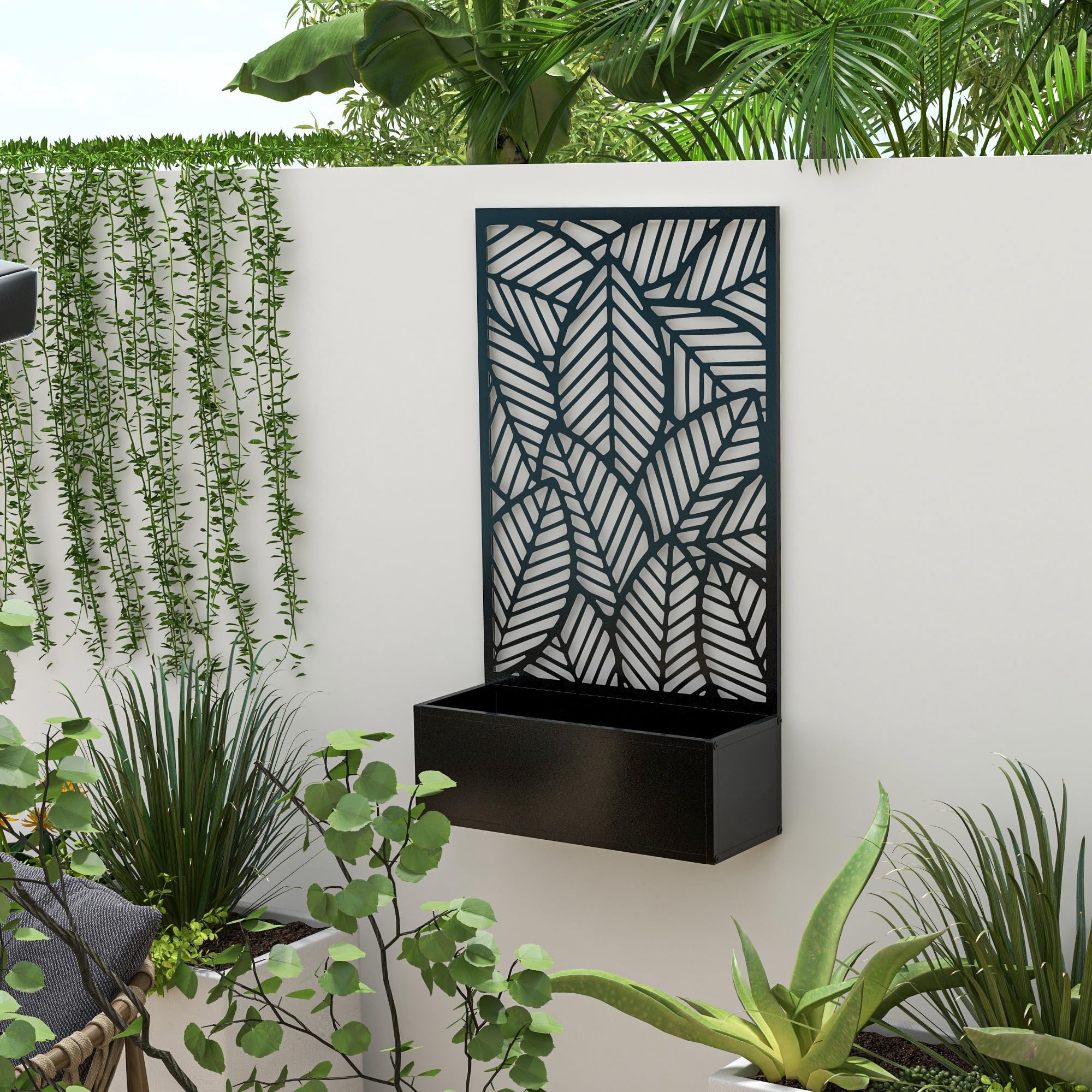 Outsunny Jardinera Exterior Grande de Metal Jardinera con Pantalla de Privacidad de Hojas Decorativas Jardinera de Pared o Independiente para Patio Terraza 61x23x113 cm Negro