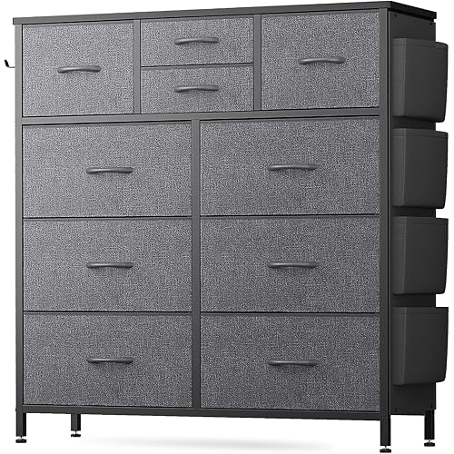 Dresser for Bedroom with 10 Drawers, Fabric Storage Dresser with Side Pockets, Tall Chest of Drawers for Hallway, Closets (Grey)