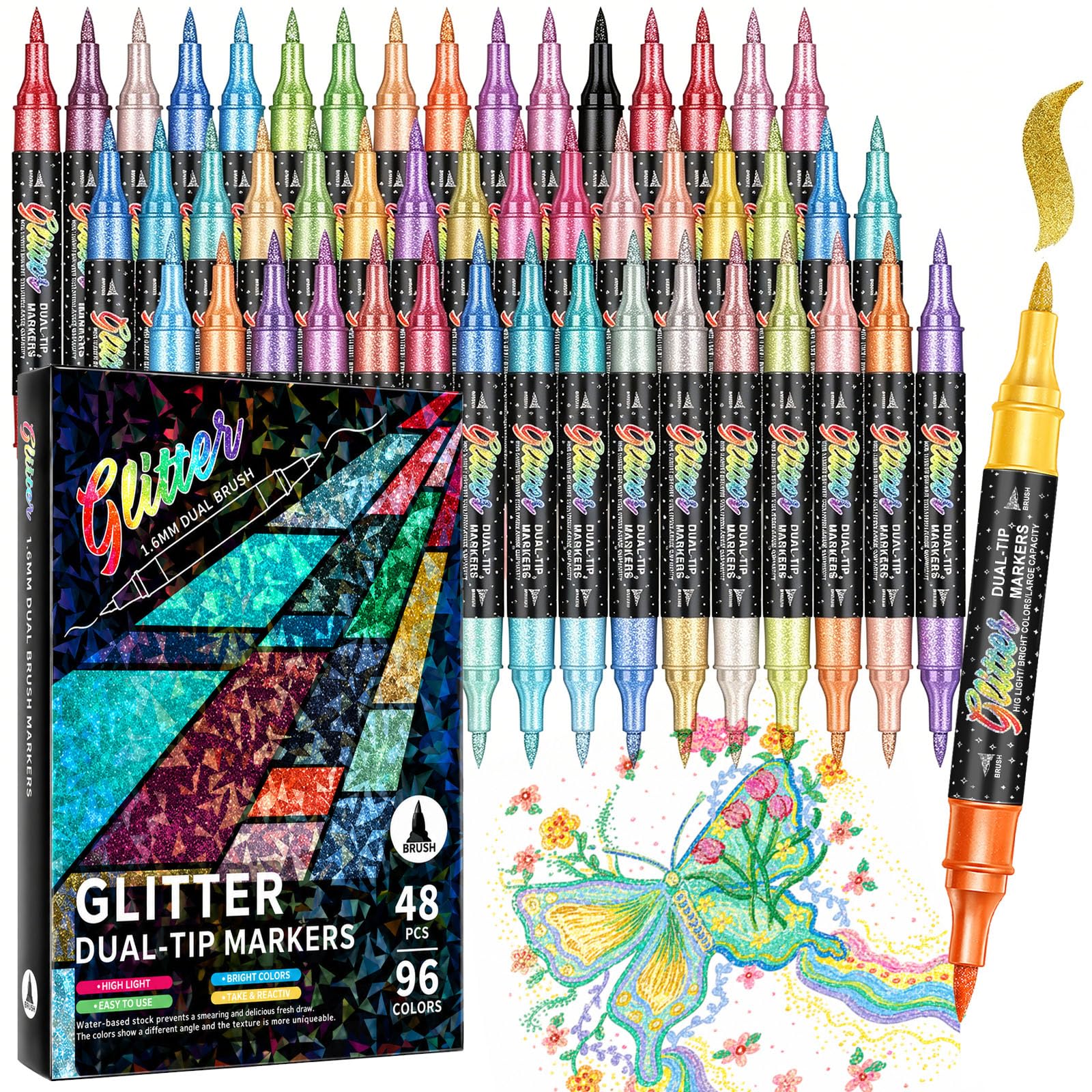 LIMSONG 96 Colours Glitter Marker Pens Set, 48 Pack Dual Tip Paint Brush, with Sparkle, Colouring Pens for Adults and Beginners, Glitter Pens for Cards, Colouring Book, Scrapbook Paper, Art Supplies