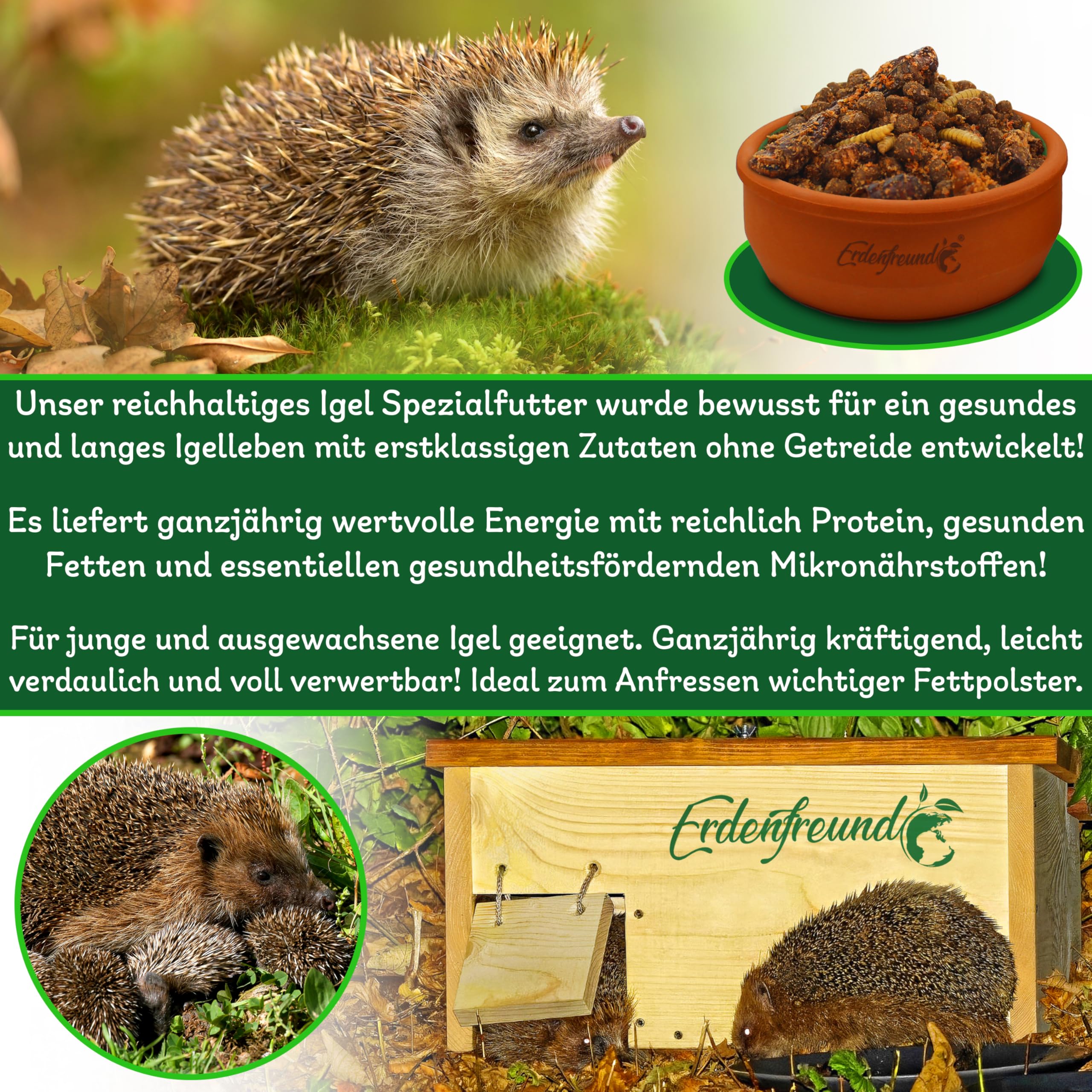 ERDENFREUND® Premium Igelfutter 100% getreidefrei 3x600g Ganzjahres-Alleinfutter für Igel mit Insekten vollwertig verdaulich nährstoffreich (3x600g Frischepacks = 1800g Premium Igelfutter)