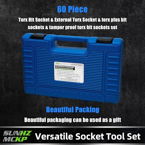 Miniatura 7 de SUNHZMCKP Juego de 60 piezas Master Torx Socket y Torx externo, juego de llaves de vaso de acero de aleación S2 incluye T6-T70, E4-E24, TP8-TP60,