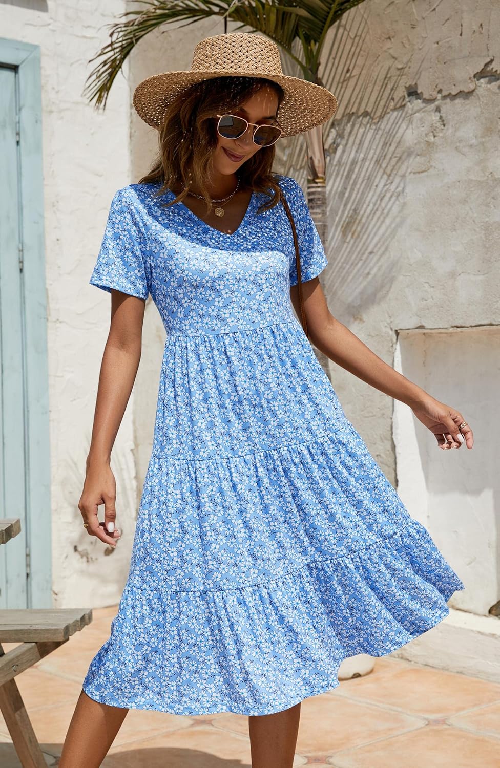 Berydress Women's Casual Summer Tiered Midi Dress 2025 Short Sleeve V-Neck Loose Cotton Ruffle Babydoll Dress Boho Sundress