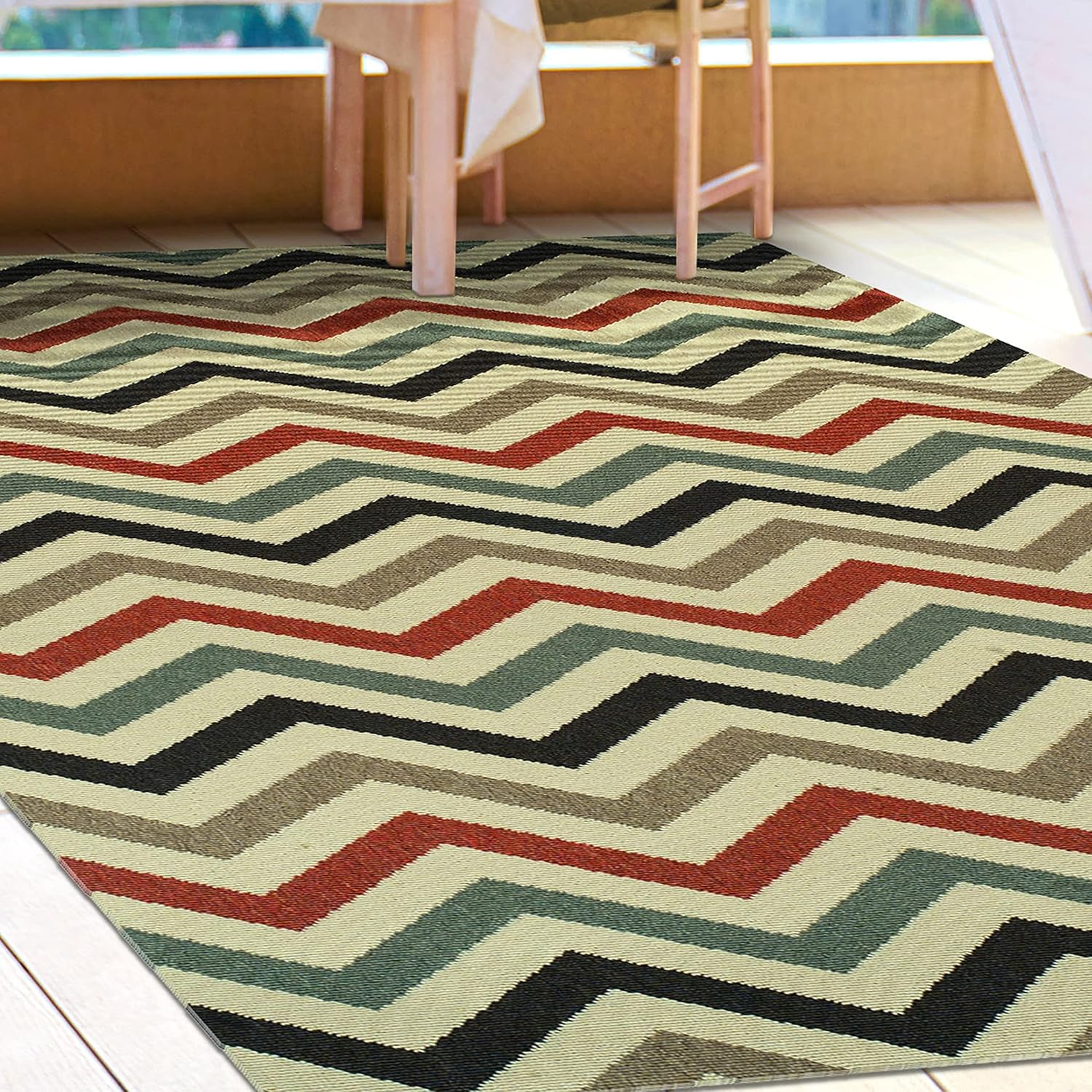 Superior Indoor/ Outdoor Large Area Rug, Jute Backed Rugs, Home Decor For Patio, Entryway, Kitchen, Living Room, Poolside, Office, Modern, Zig-Zag Floor Throw, Chevron Collection, 5' x 8', Multicolor