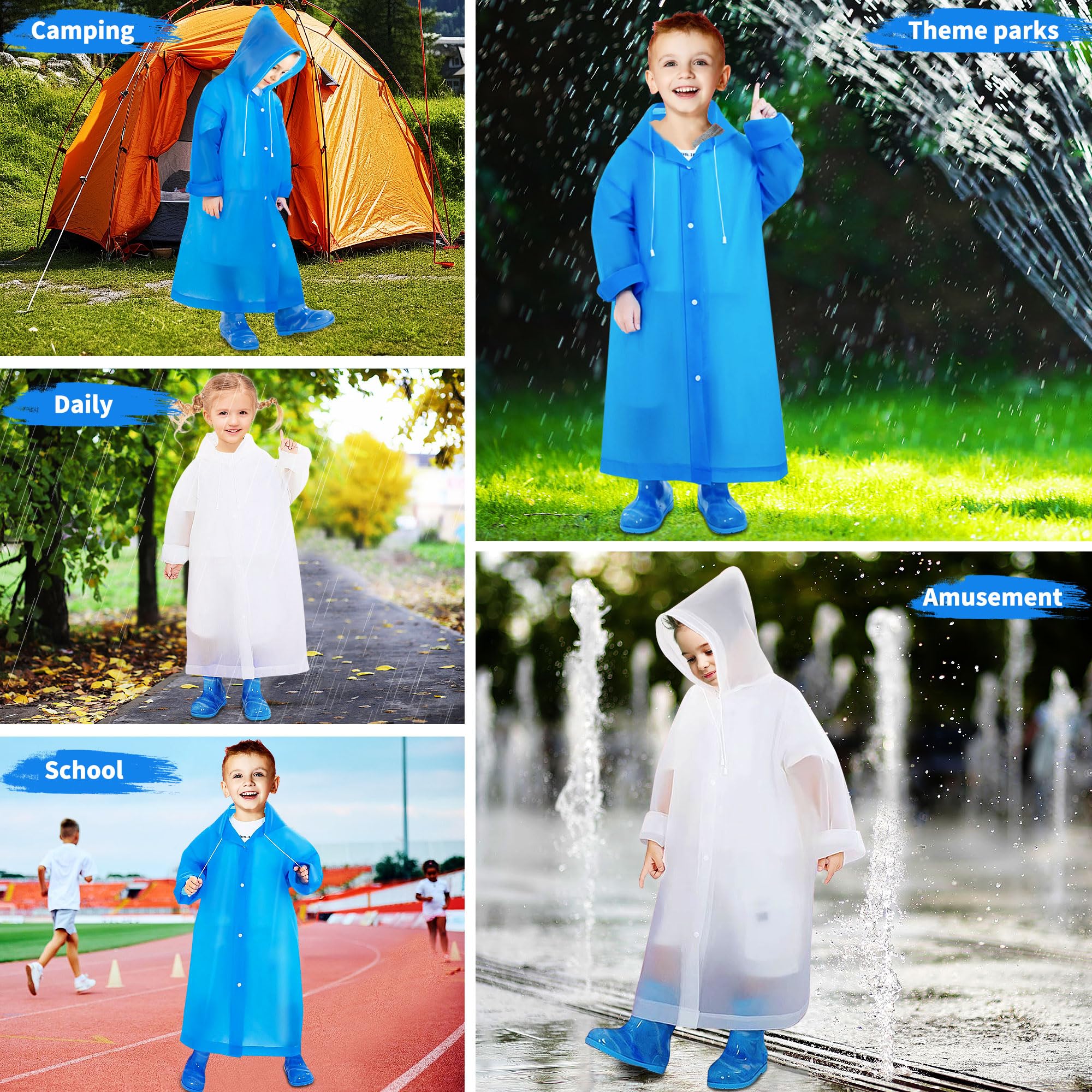2 Pièces Imperméable pour Enfants en EVA, Réutilisable Manteau Poncho de Pluie avec Capuchon, Poncho Léger Combinaison de Pluie Vêtements de Pluie pour Garçons Filles