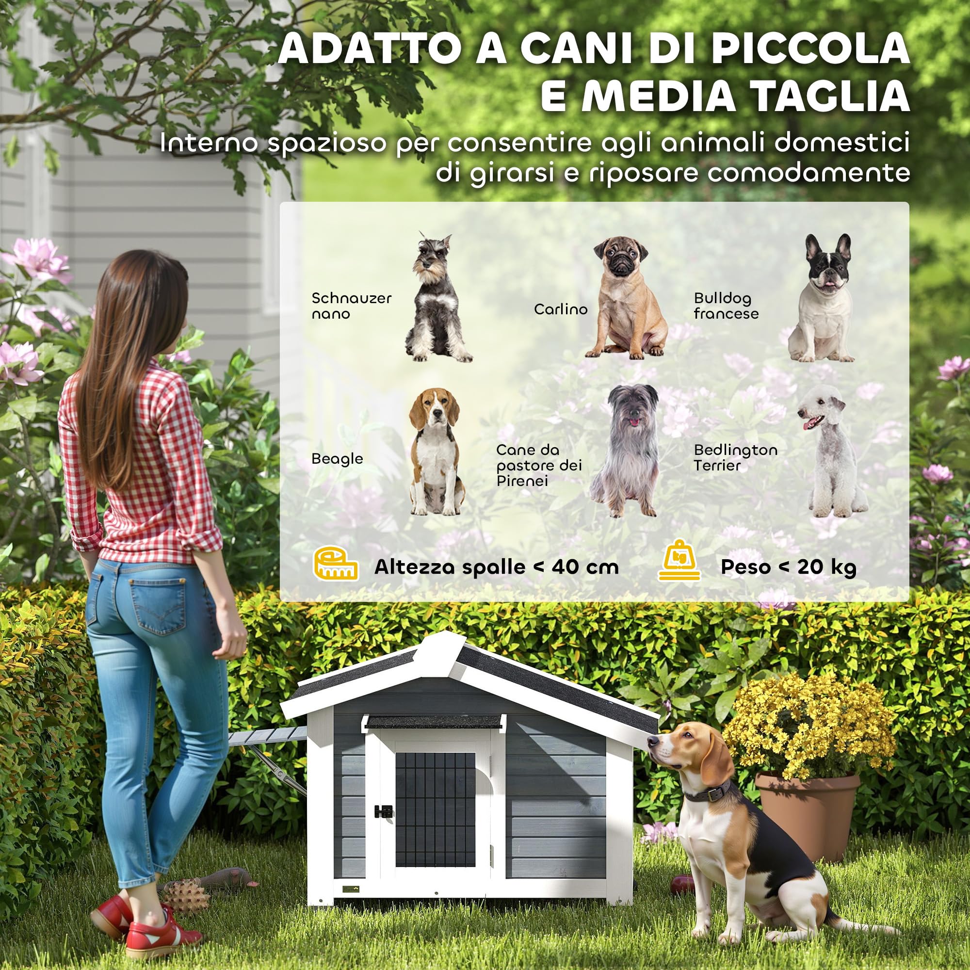 PawHut Cuccia per Cani da Esterno in Legno, Casetta per Cani Rialzato con Tetto Spiovente Impermeabile, Finestra Apribile, Facile Pulizia, Porta Ventilata, per Cani Piccola Media, 98x76x69.5cm