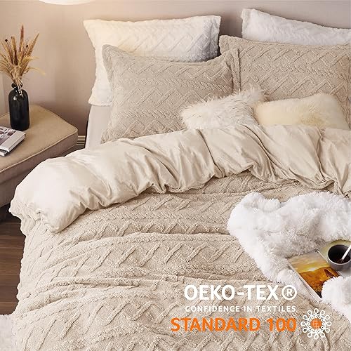 Miniatura 3 de Bedsure - Funda de edredón mullida - Funda de edredón de piel sintética tamaño queen, juego de funda de edredón de felpa beige, 3 piezas (1 funda de