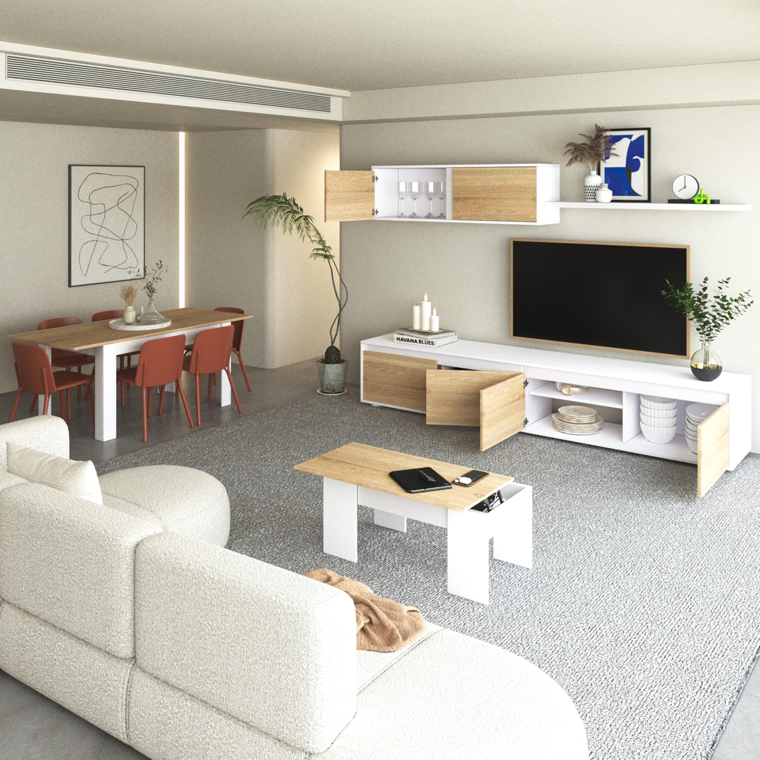 duehome | Pack de Salon con Modulo TV + Mesa de Centro Elevable y Mesa de Comedor, Conjunto de Salon, Modelo Arlet MAX V2B, Acabado en Blanco Artik y Roble Canadian