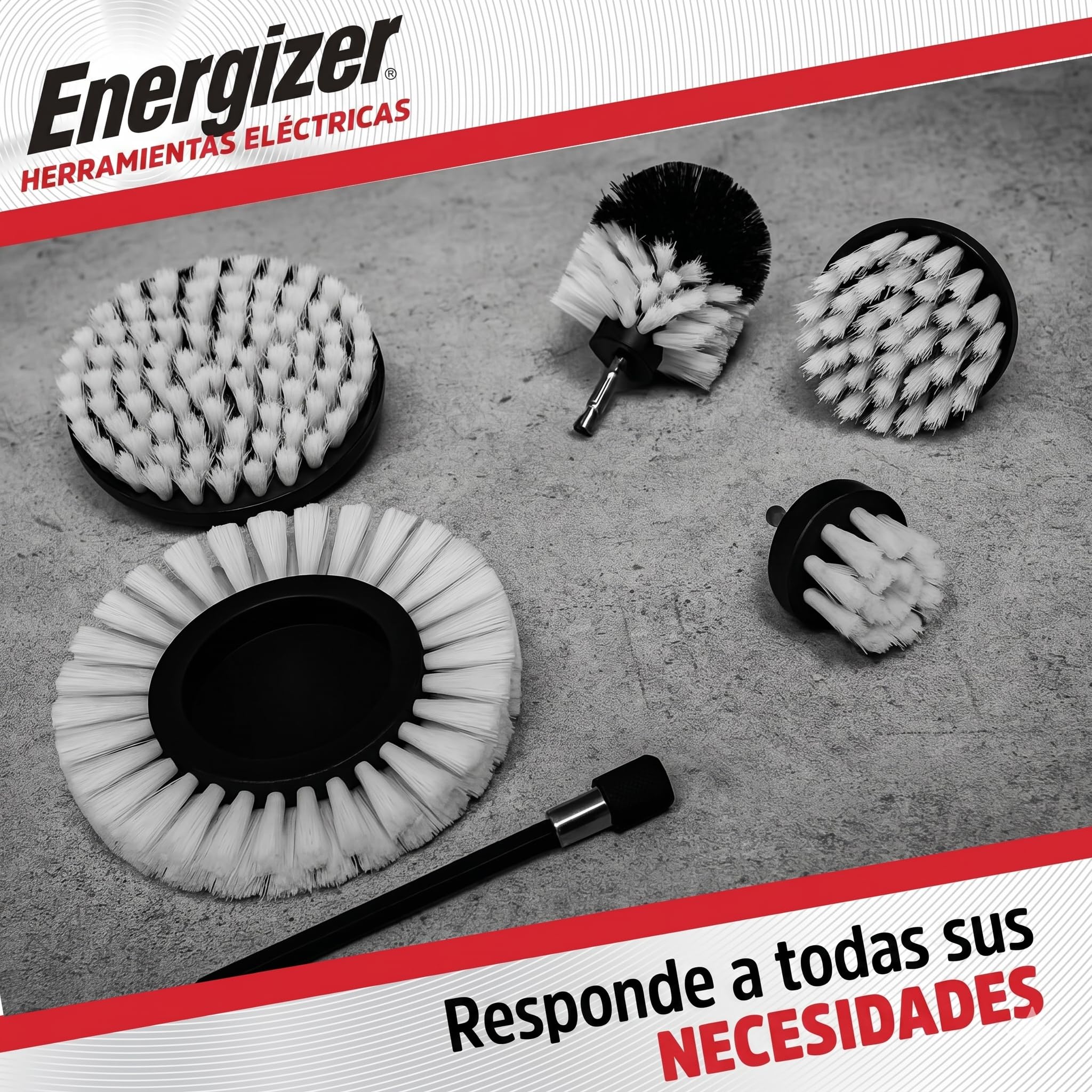 Energizer – Set de Cepillo de Limpieza Perforadora de 6 Piezas, Cepillo de Taladro, Limpieza, Llantas, baldosas, alfombras, bañera, Cocina, Inodoro, Suelo – alargador práctico Incluido