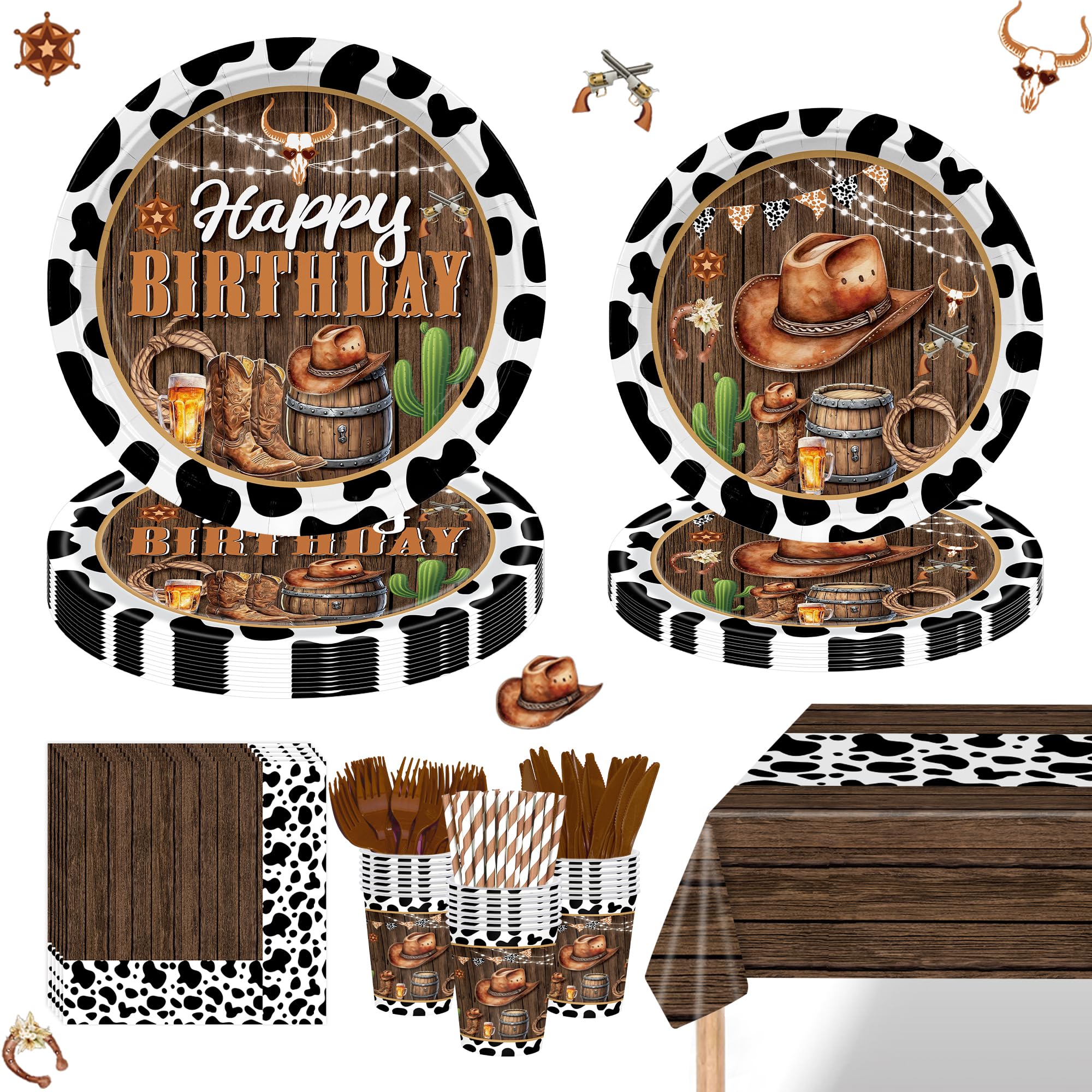 Photo 1 of 169PCS Cowboy Party Decorations for Boys Western Birthday Party Supplies Cowboy Wild West Themed Paper Plates and Napkins Cups with Forks Knives and Straws Tableware Set for 24 Guests