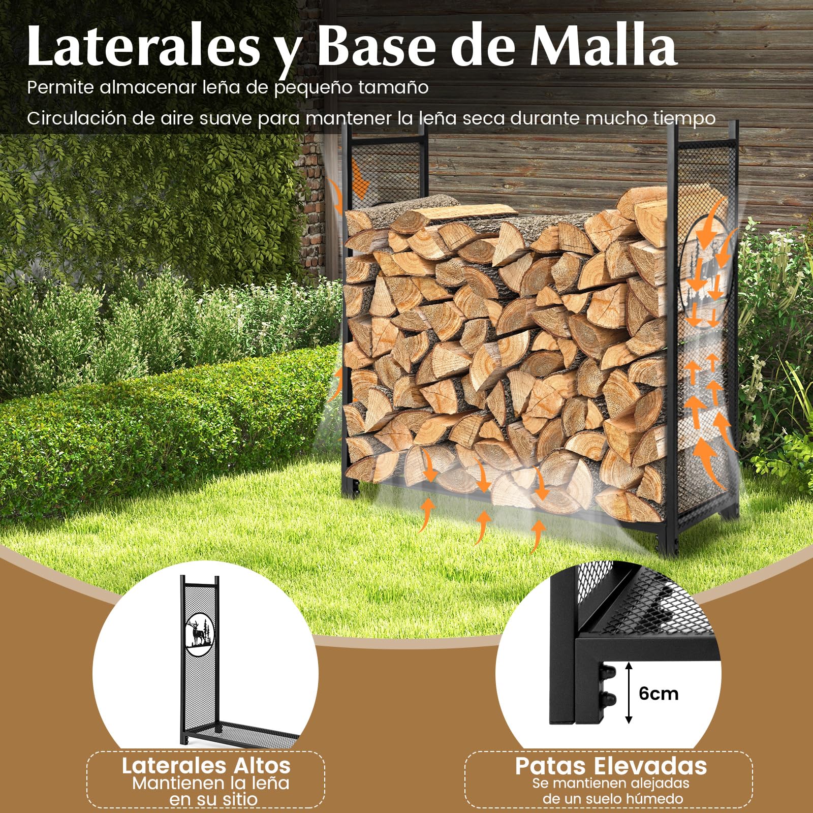 COSTWAY Leñero Exterior/Interior, 121 x 38 x 117 cm, Estante de Leña con Lados de Malla, Base Elevada, Carga de 140kg, Soporte para Almacenar Leña