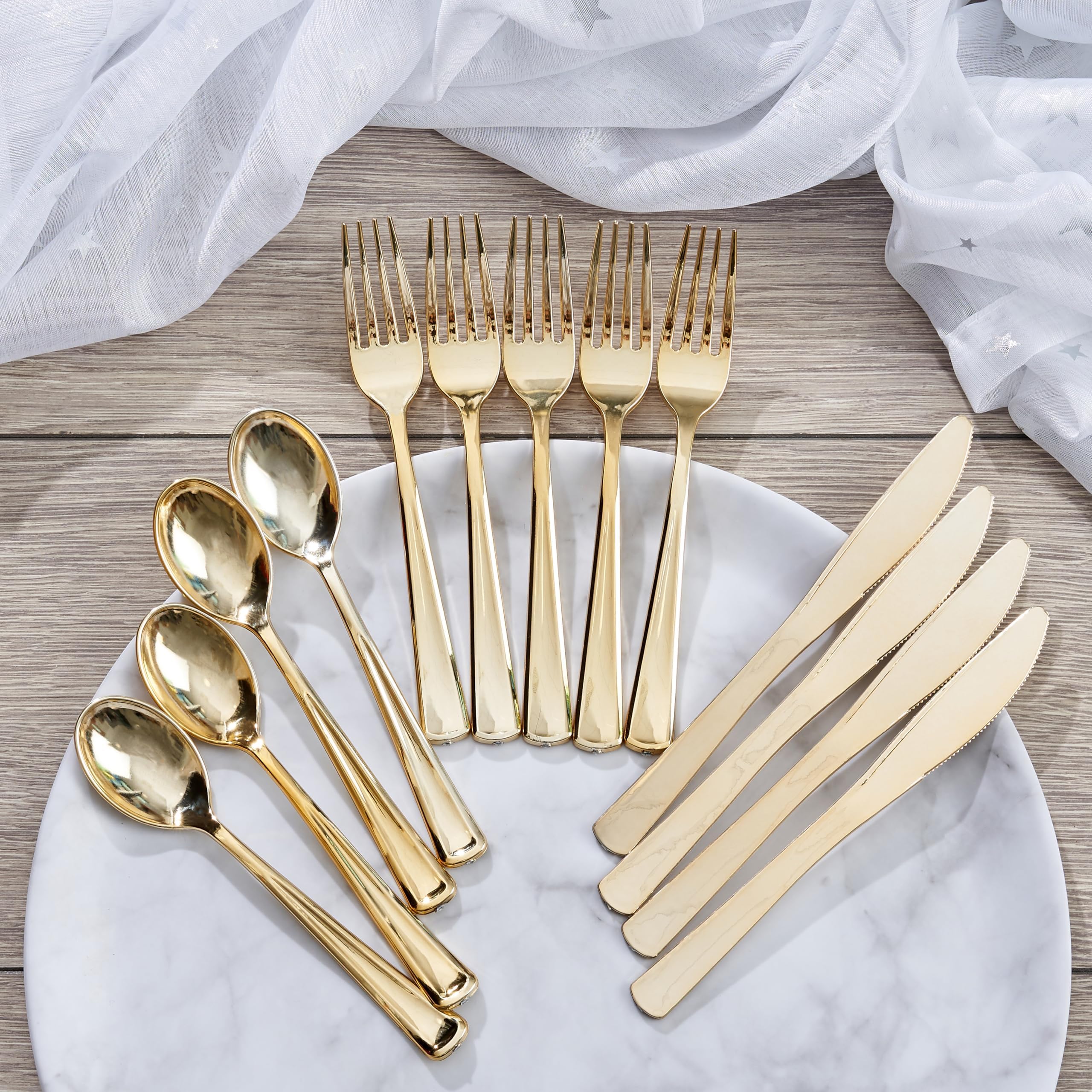MATANA 720 Elegantes Wiederverwendbares Goldenes Besteck Set – 240 Messer, 240 Gabeln, 240 Löffel – Mehrweg & Stabiles Besteck für Hochzeiten, Geburtstage, Partys & Veranstaltungen