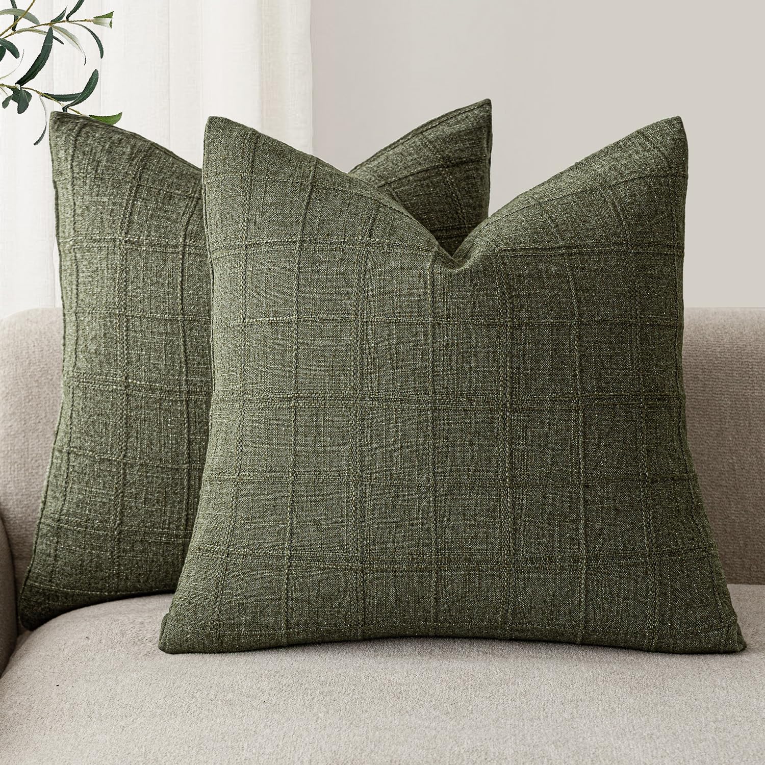 Foindtower Set of 2 Decorative Linen Check Throw Pillow Covers Neutral Farmhouse Vintage Cushion Covers Modern Boho Home Decor for Sofa Chair Couch Bedroom Living Room Outdoor,16×16 Inch,Olive Green