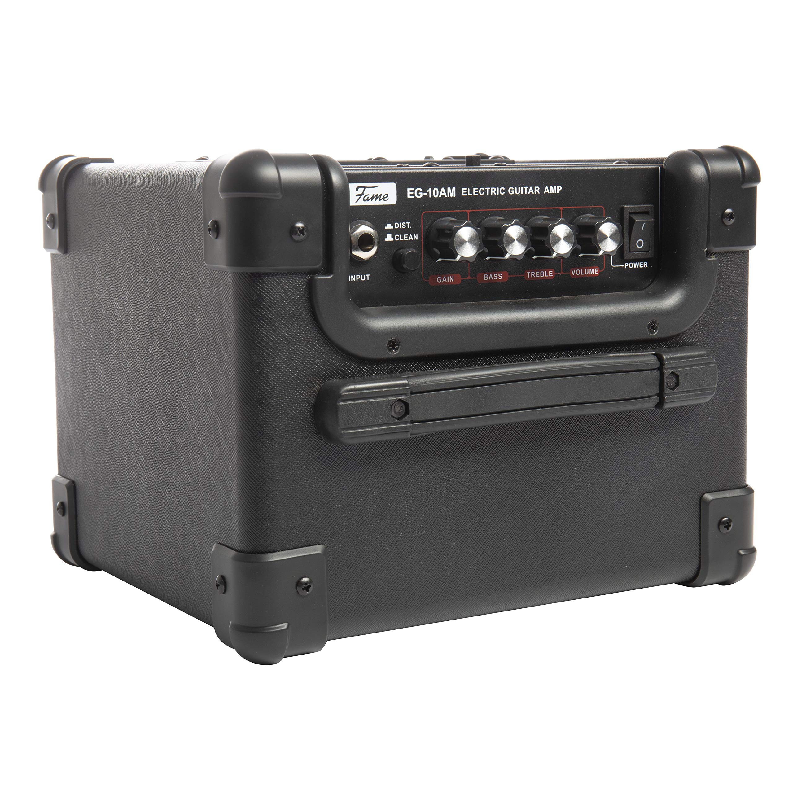 Fame EG-10AM, 10W Combo Verstärker für E-Gitarre, Kompakt, 2-Band Klangregelung, Schaltbare Verzerrung, Ideal zum Üben, Batteriebetrieb möglich