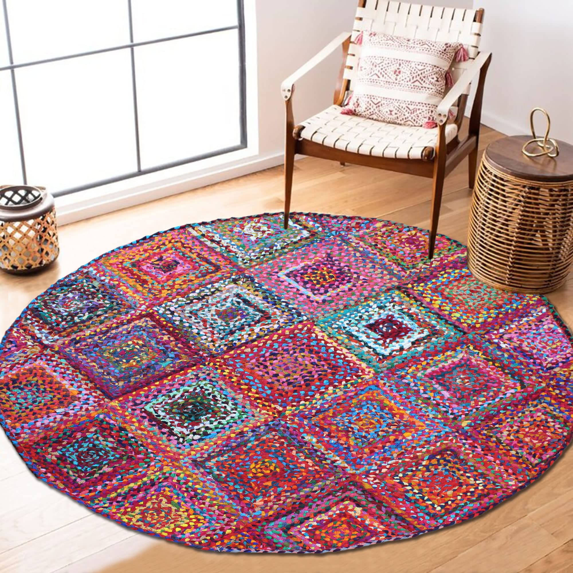 Tapis rond chindi en coton multicolore géométrique 0,9x0,9m