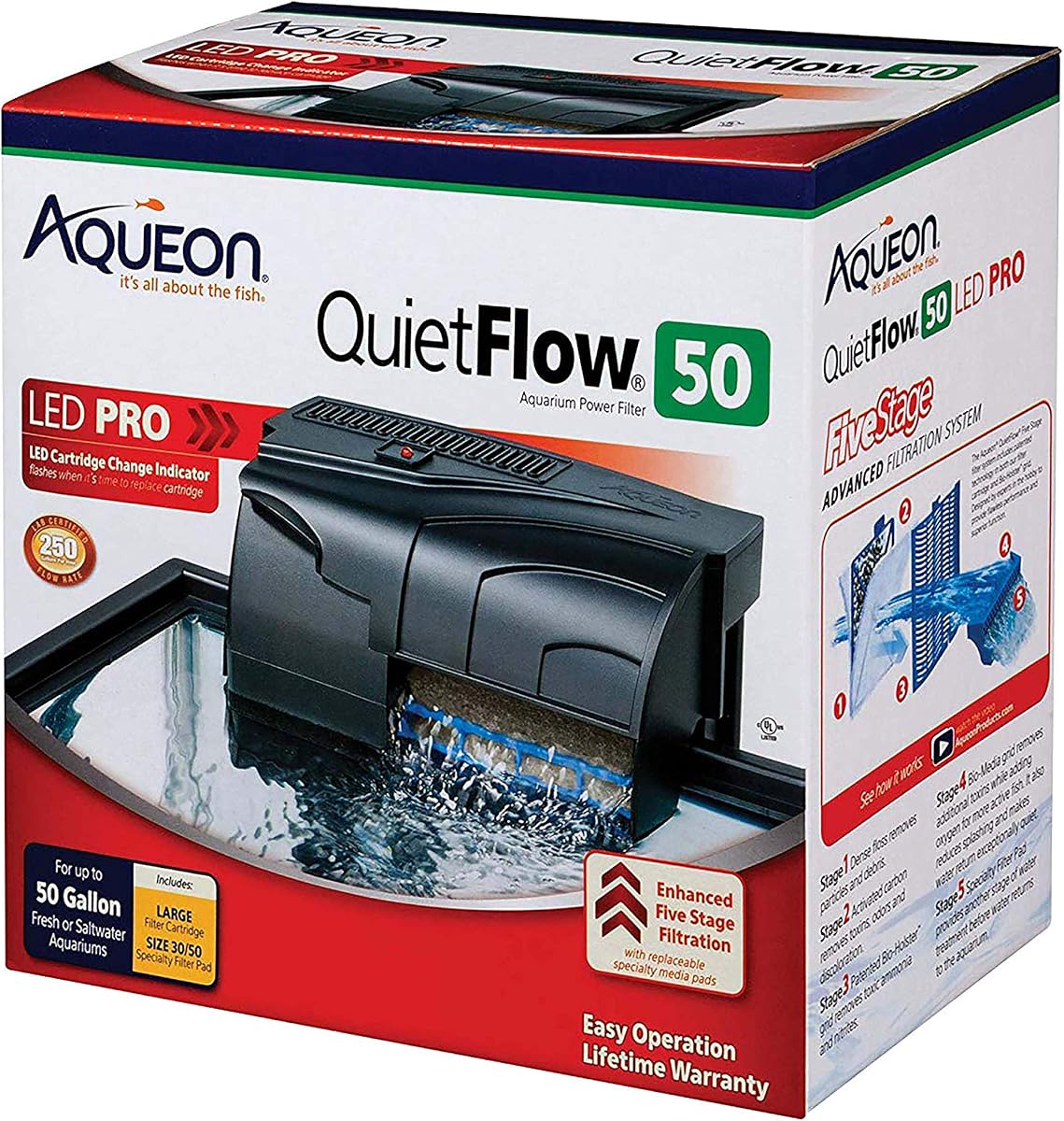 Aqueon QuietFlow 50 LED PRO Filtro de alimentación para pecera de acuario para acuarios de hasta 50 galones