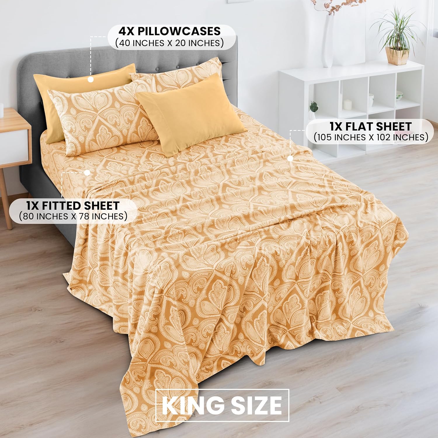 Ultra Soft Wrinkle-Free Microfiber Paisley King Sheet Set, Breathable Boho Bed Sheet Set – 16" Deep Pocket Fitted Sheet, Flat Sheet & 4 Pillowcases, Juegos de Sábanas, OEKO-TEX - Taupe - Image 2