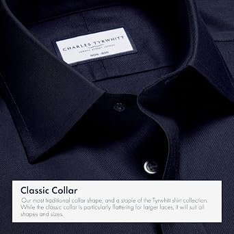 Charles Tyrwhitt Shirts for Men Navy Twill Non-Iron Formal Dress Shirt Long Sleeve Cotton Shirt Wrinkle Free Office, Wedding & Business Attire - Extra Slim Fit with Cutaway Collar