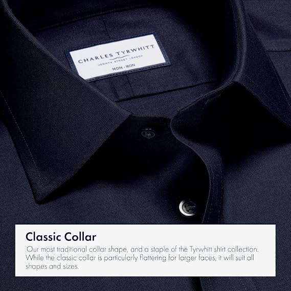 Charles Tyrwhitt Shirts for Men Navy Twill Non-Iron Formal Dress Shirt Long Sleeve Cotton Shirt Wrinkle Free Office, Wedding & Business Attire - Extra Slim Fit with Cutaway Collar