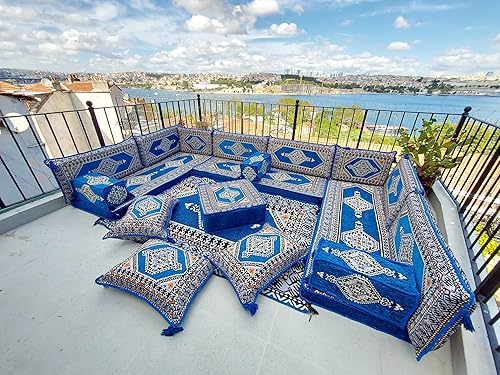 Miniatura 5 de arabicsofa Juego de sofá árabe en forma de U – Asientos modulares de piso azul real para habitación de invitados