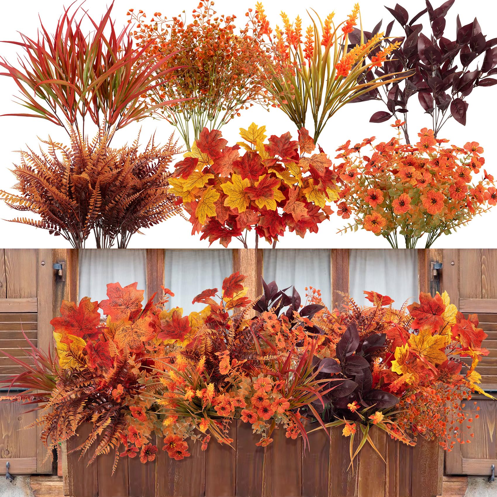 BlueCloudy 18 Bundles Artificial Autumn Flowers Outdoor Orange Stems